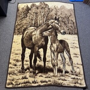 Vintage Ibena Dolan HORSE & FOAL Acrylic Blend Western Country Blanket 72x53